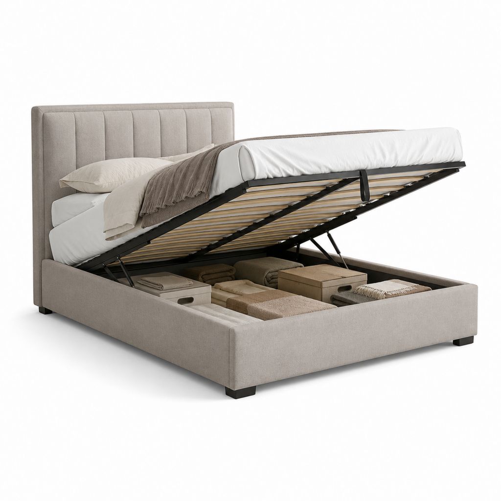 Letto contenitore matrimoniale beige in poliestere rettangolare 160 x 200 cm