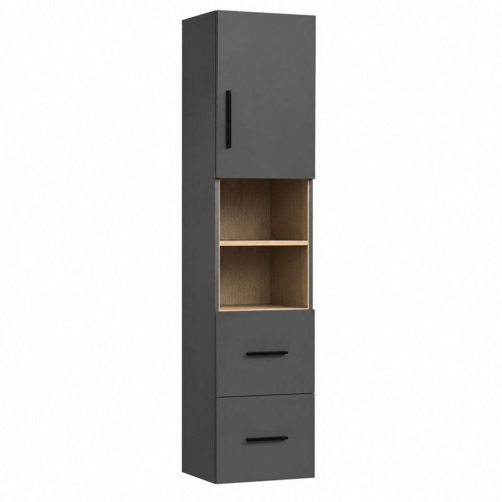 Colonna bagno grigio antracite e rovere in MDF 35 x 30 x 170 cm con anta cassetti e ripiani aperti