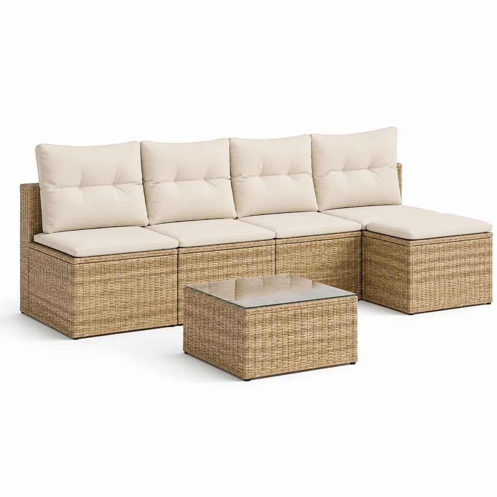 Set divano angolare da giardino 4 posti beige in rattan PE con tavolino 210 x 140 x 63 cm