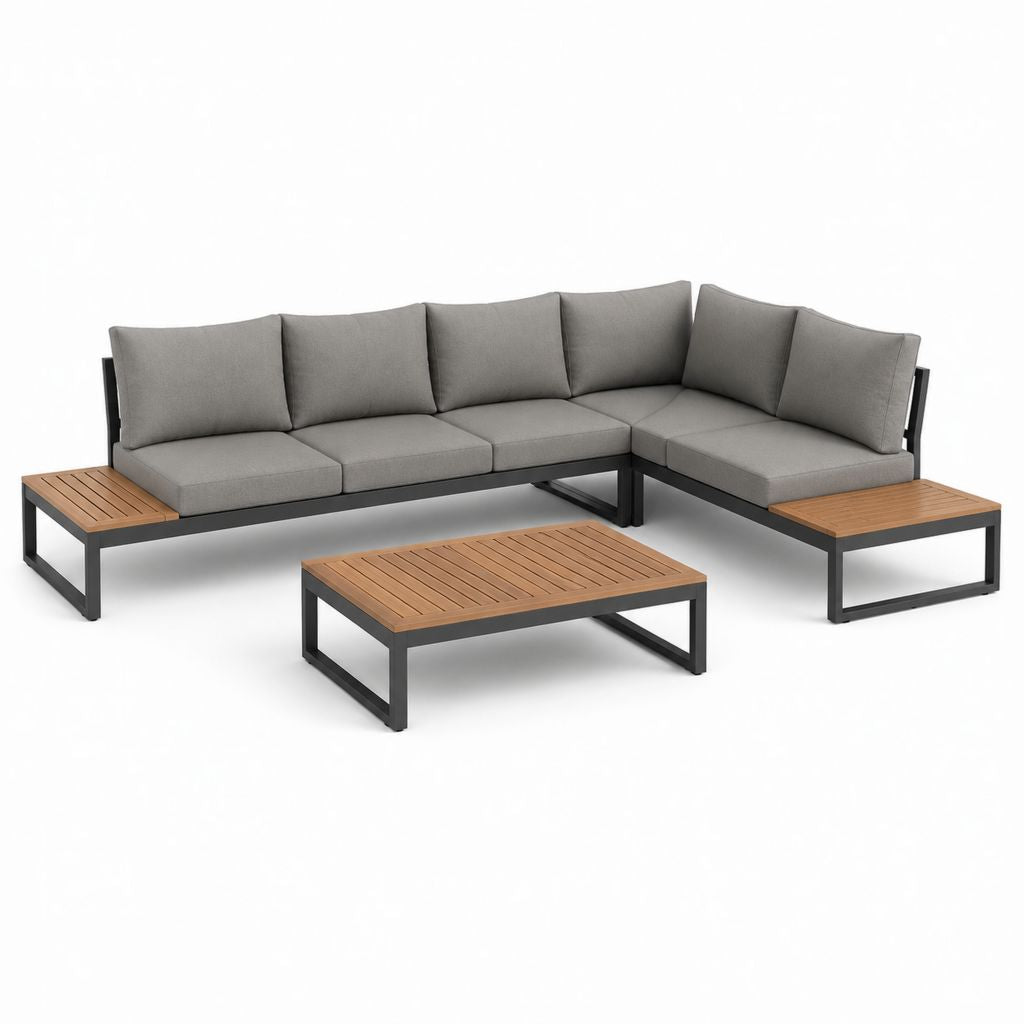Set divano angolare da giardino 5 posti grigio in alluminio e acacia con tavolino 250 x 200 cm