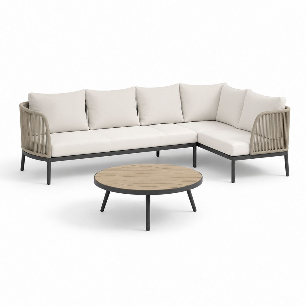 Set divano angolare da giardino con tavolino rotondo beige e nero in alluminio e corda PP 240 x 180 x 76 cm