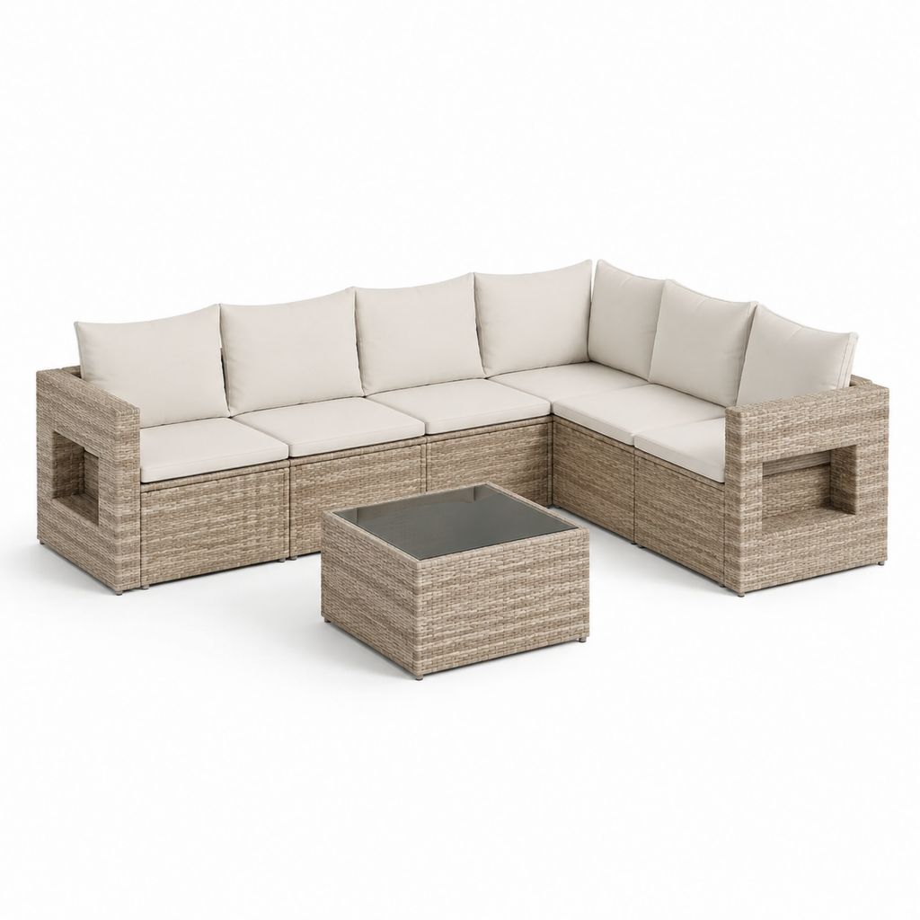 Set divani da giardino angolare 6 pezzi beige in rattan sintetico PE con tavolino 210 x 210 x 63 cm