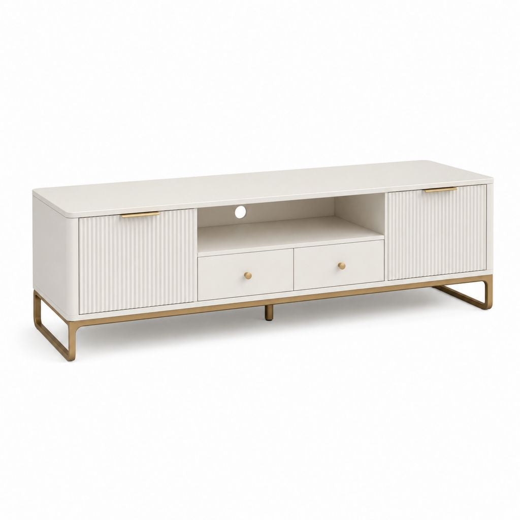 Mobile TV bianco in MDF rettangolare con ante scanalate e dettagli dorati 160 x 40 x 55 cm
