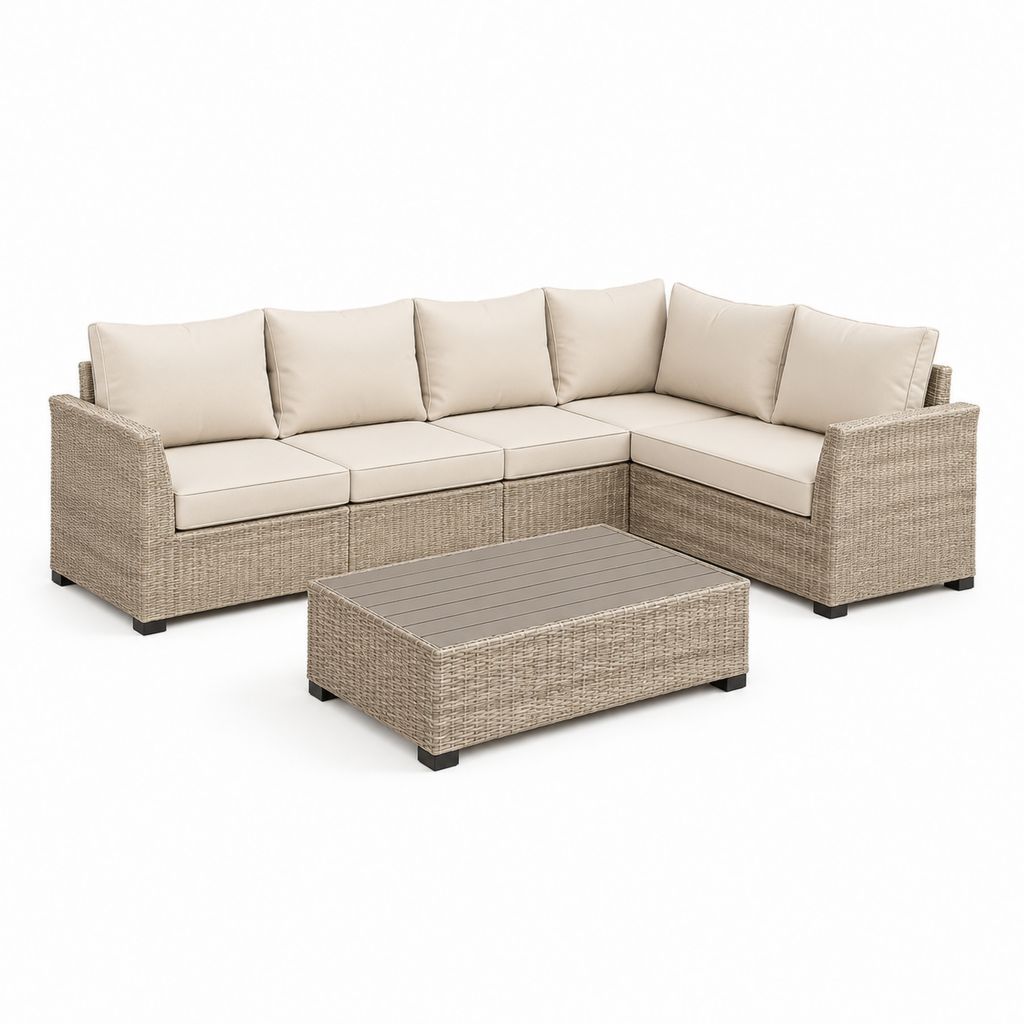 Set divano angolare da giardino 5 posti con tavolino beige in rattan PE 250 x 190 x 85 cm