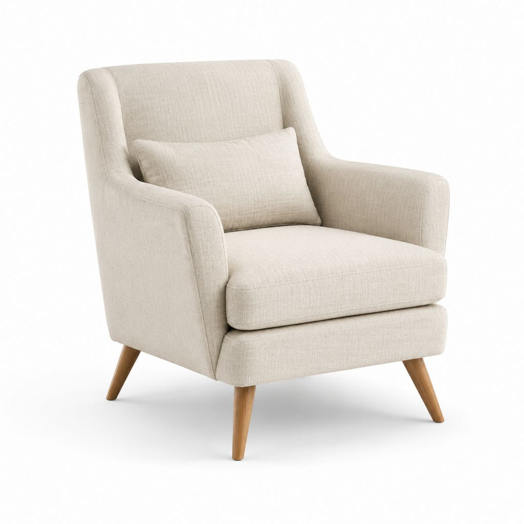 Poltrona da soggiorno beige in poliestere con gambe in legno massello sagoma arrotondata 78 x 85 x 98 cm