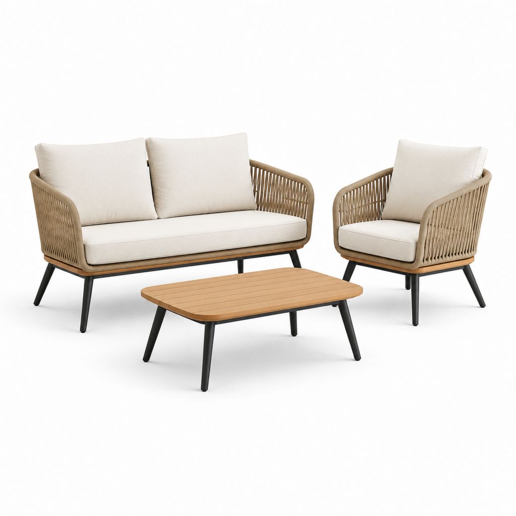 Set salotto da giardino 3 pezzi beige e naturale in rattan PE e acciaio con divano 2 posti 130 x 70 x 78 cm