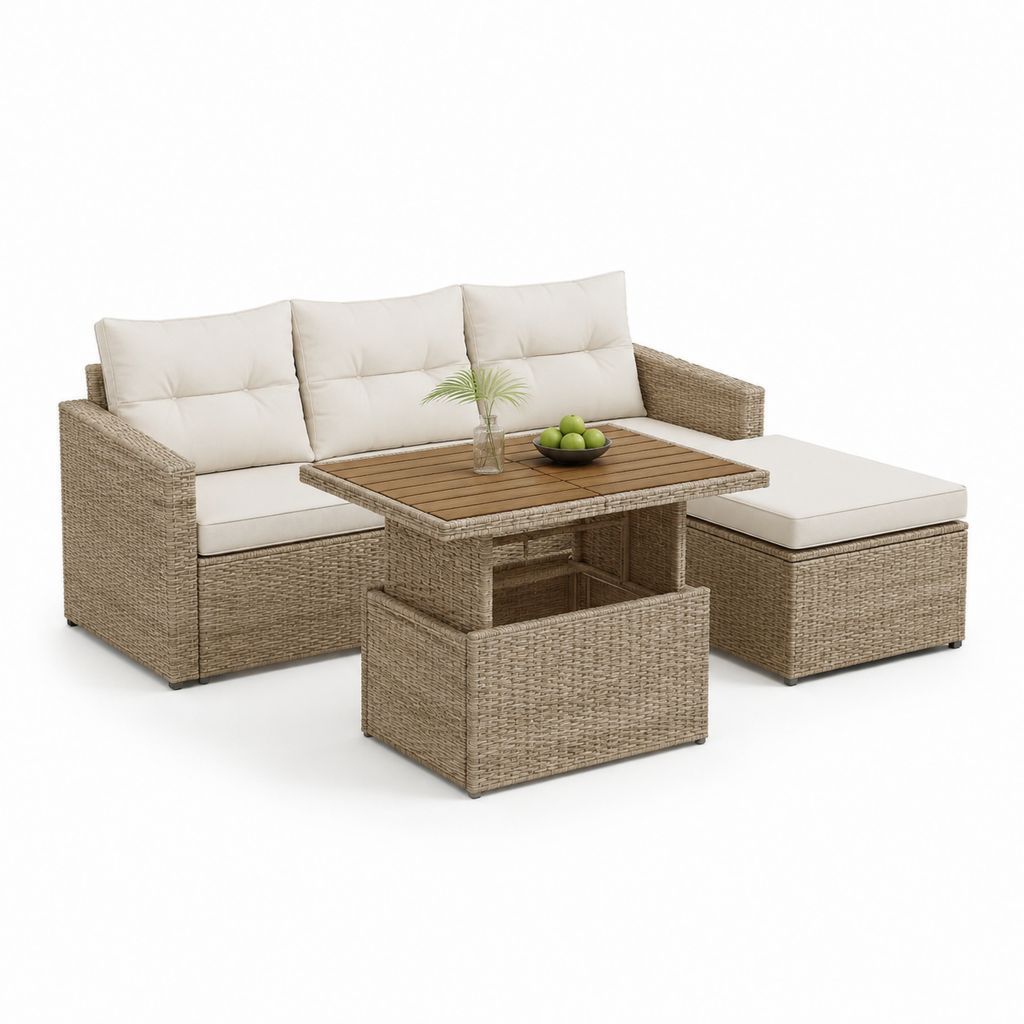 Salotto da giardino 3 pezzi beige in rattan PE con divano 2 posti tavolino e poggiapiedi 124 x 70 x 75 cm