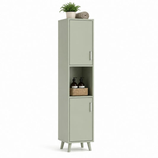 Colonna bagno stretta verde salvia in MDF rettangolare con 2 ante e vano aperto 30 x 30 x 170 cm
