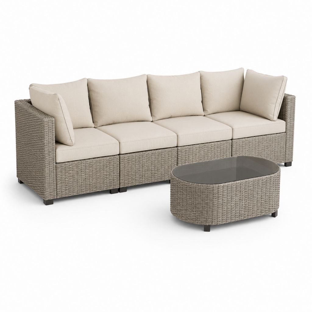 Set divano da giardino 3 posti con tavolino grigio tortora e beige in rattan PE con vetro temperato 220 x 80 x 75 cm