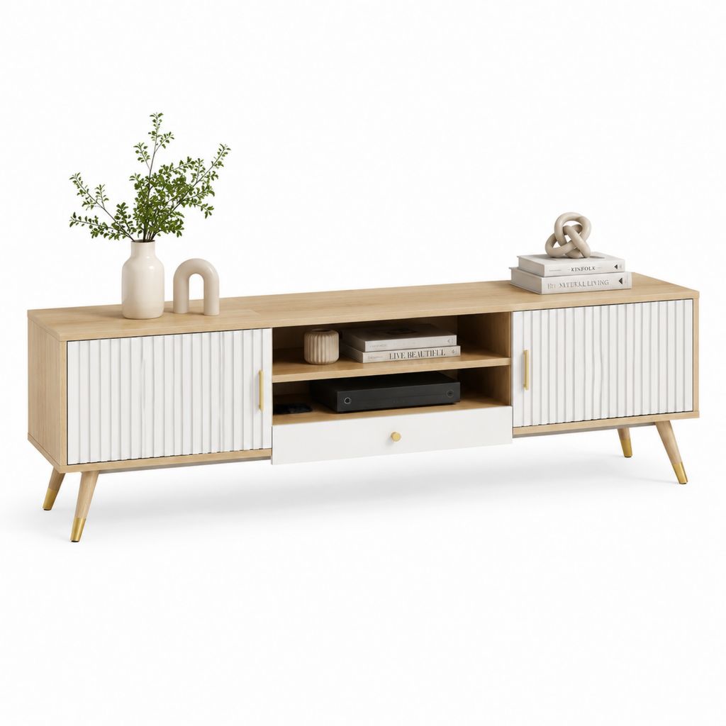 Mobile TV con 2 ante e cassetto bianco e rovere in MDF 160 x 40 x 60 cm