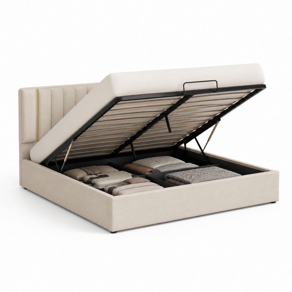 Letto contenitore matrimoniale beige in poliestere con rete sollevabile 160 x 200 cm