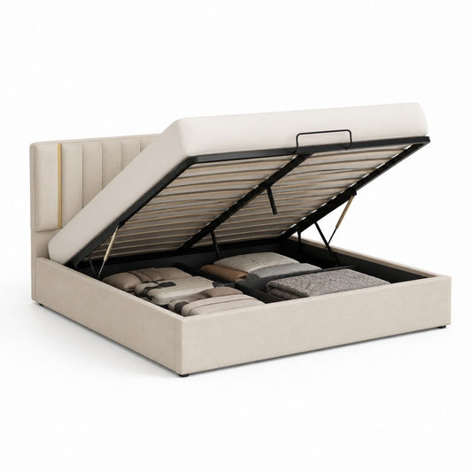 Letto contenitore matrimoniale beige in poliestere con rete sollevabile 160 x 200 cm