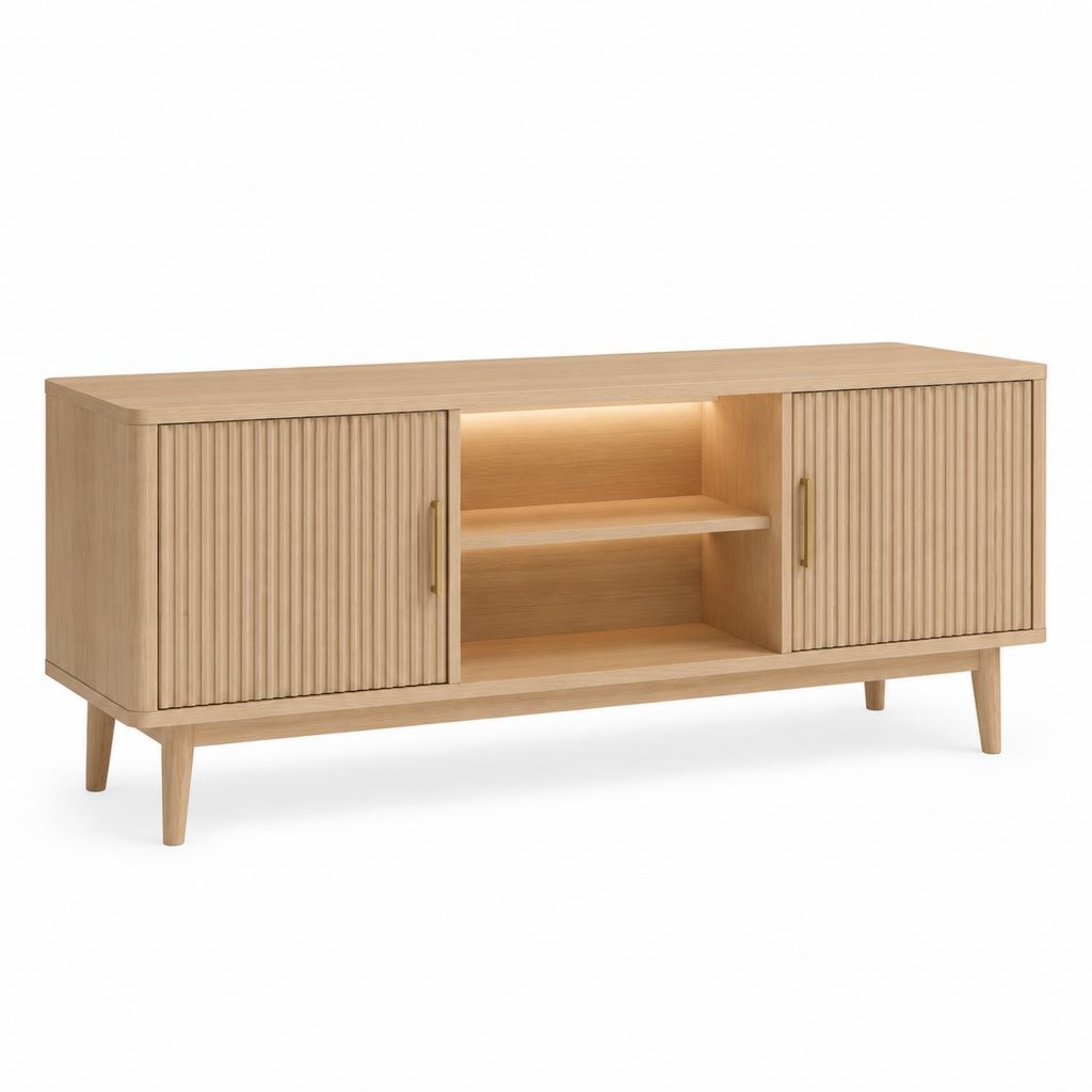 Mobile TV rettangolare in MDF impiallacciato rovere naturale con ante scanalate LED e vani aperti 160 x 40 x 75 cm