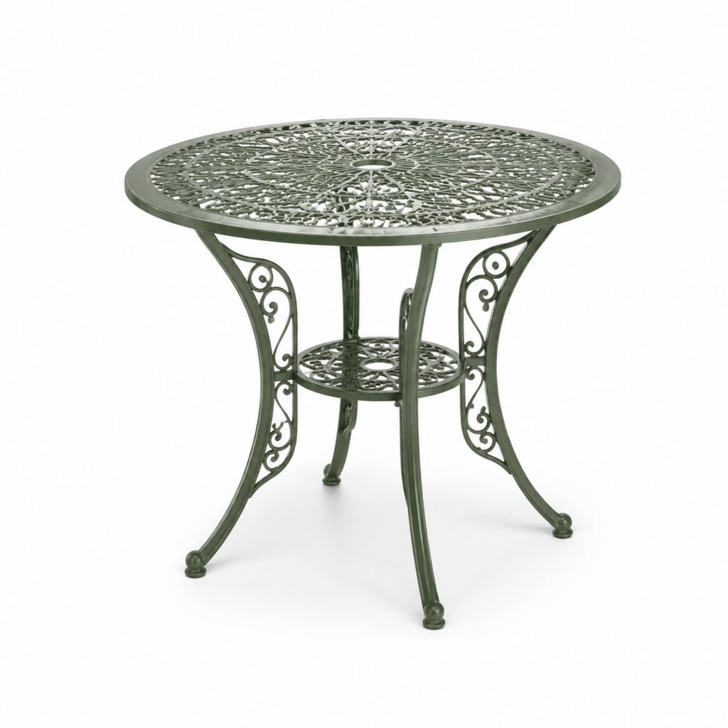 Tavolo da giardino rotondo verde in alluminio pressofuso Ø90 x 74 cm con foro per ombrellone