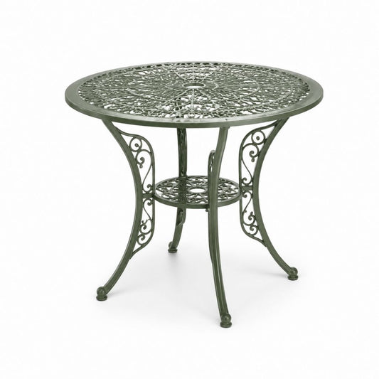 Tavolo da giardino rotondo verde in alluminio pressofuso Ø90 x 74 cm con foro per ombrellone