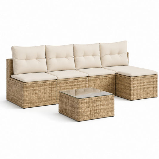 Set divano angolare da giardino 4 posti beige in rattan PE con tavolino 210 x 140 x 63 cm