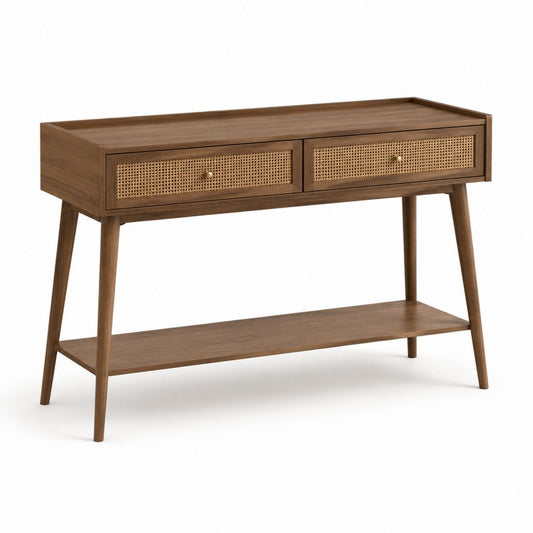 Consolle da ingresso noce con 2 cassetti in rattan e ripiano 120 x 35 x 85 cm