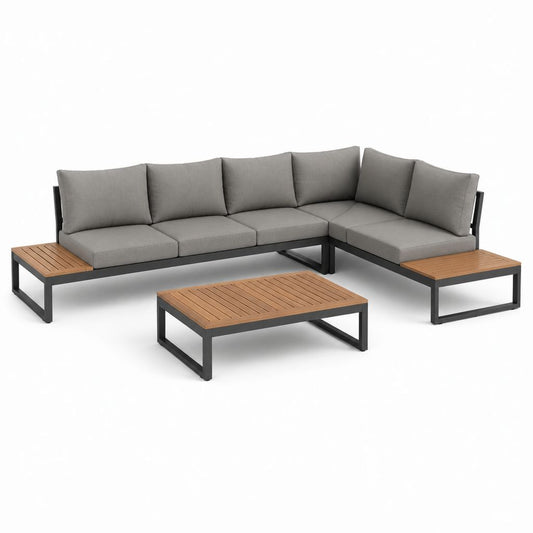 Set divano angolare da giardino 5 posti grigio in alluminio e acacia con tavolino 250 x 200 cm