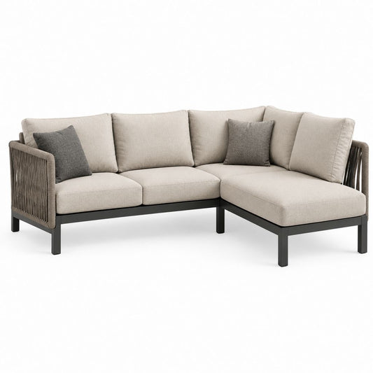Divano da giardino angolare 3 posti beige e antracite in acciaio verniciato a polvere corda in PP e poliestere 220 x 150 x 75 cm