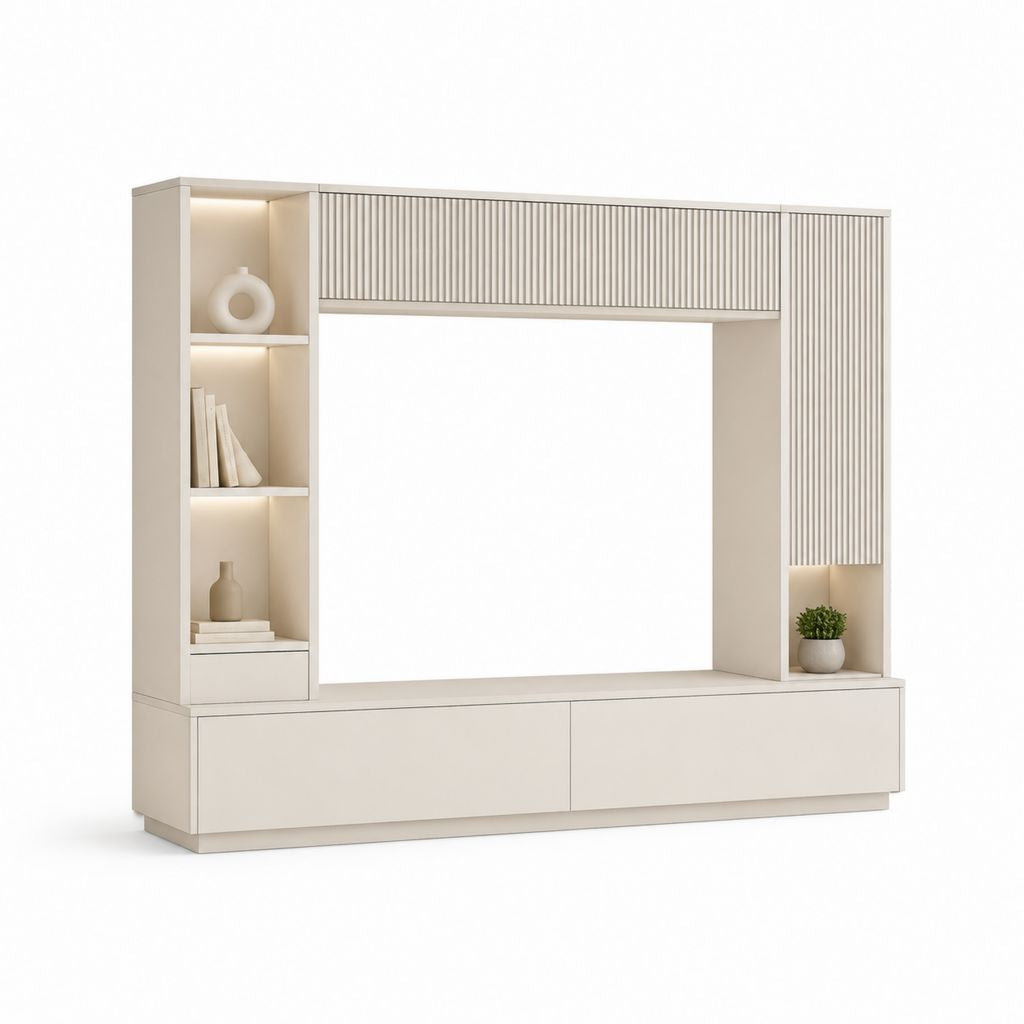Parete attrezzata porta TV beige in MDF con ripiani illuminati 240 x 40 x 200 cm
