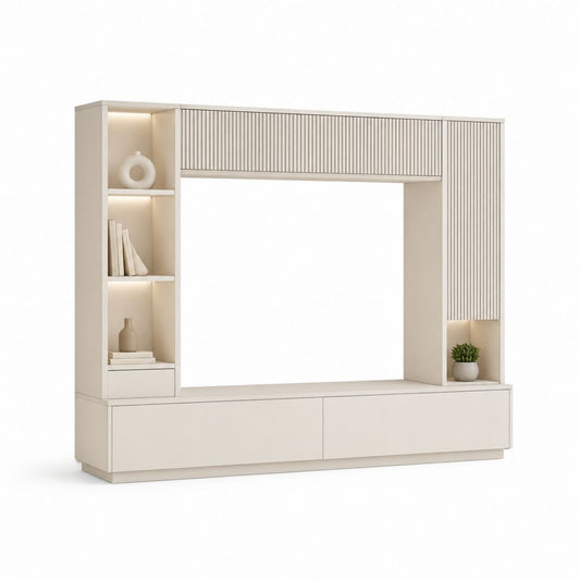Parete attrezzata porta TV beige in MDF con ripiani illuminati 240 x 40 x 200 cm