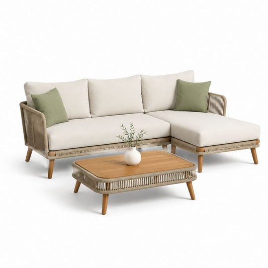 Set divano da giardino angolare 3 pezzi beige e verde in acacia massello e corda in PP 220 x 150 cm