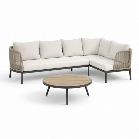 Set divano angolare da giardino con tavolino rotondo beige e nero in alluminio e corda PP 240 x 180 x 76 cm