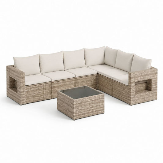 Set divani da giardino angolare 6 pezzi beige in rattan sintetico PE con tavolino 210 x 210 x 63 cm