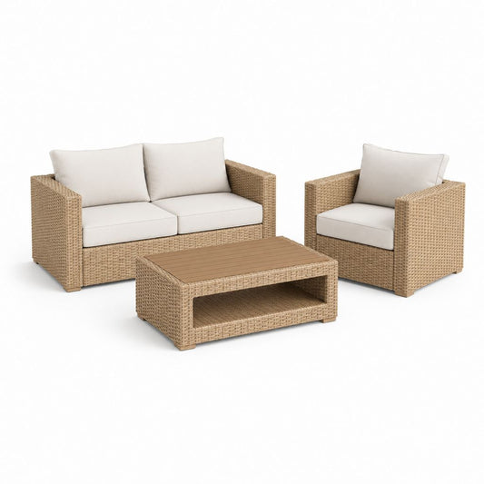 Set salotto da giardino 3 pezzi beige in polyrattan PE con cuscini e tavolino 124 x 68 x 80 cm