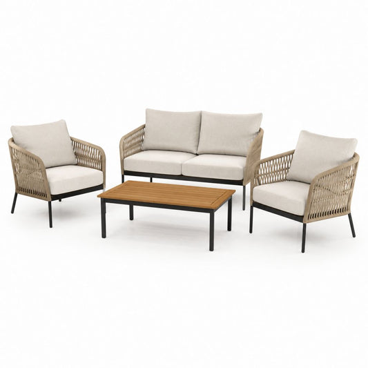 Salotto da giardino 4 pezzi beige in corda PE e acciaio con divano 2 posti poltrone e tavolino 100 x 60 cm