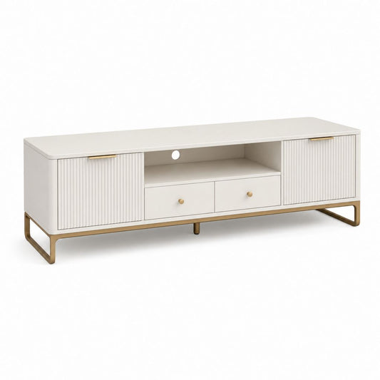 Mobile TV bianco in MDF rettangolare con ante scanalate e dettagli dorati 160 x 40 x 55 cm