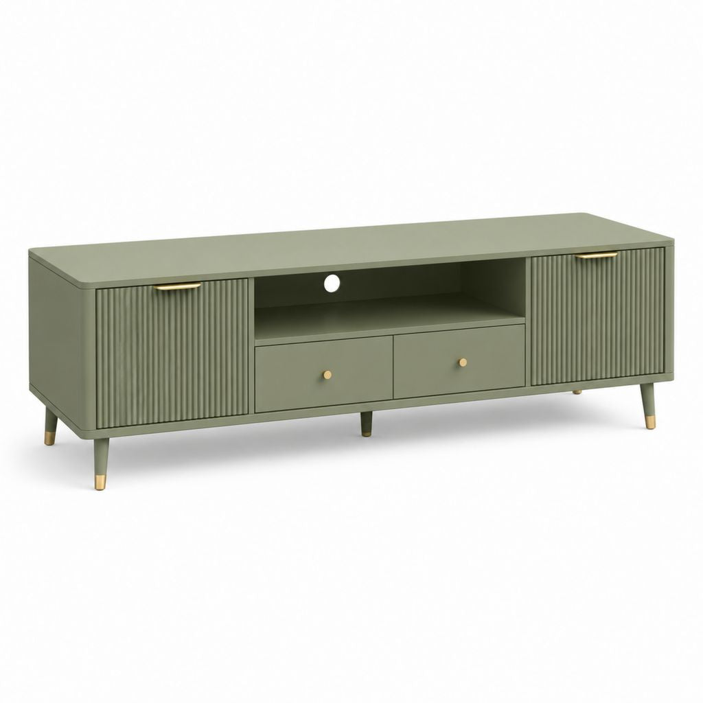 Mobile TV verde salvia in MDF rettangolare con 2 ante 2 cassetti e vano aperto 160 x 40 x 55 cm