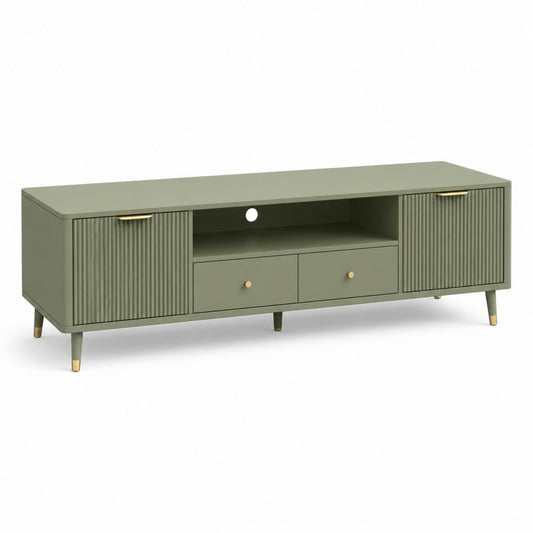 Mobile TV verde salvia in MDF rettangolare con 2 ante 2 cassetti e vano aperto 160 x 40 x 55 cm