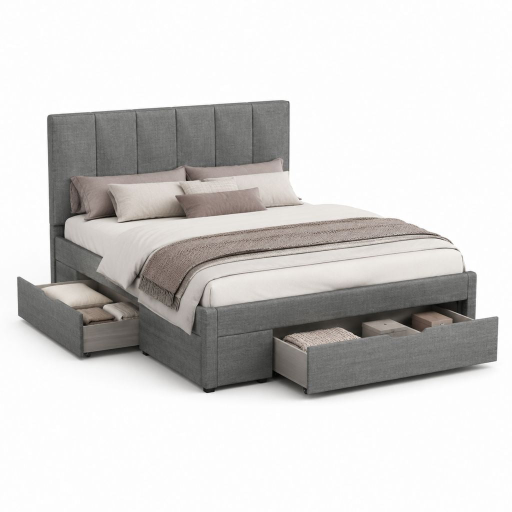 Letto contenitore matrimoniale grigio in poliestere rettangolare 160 x 200 cm con 3 cassetti