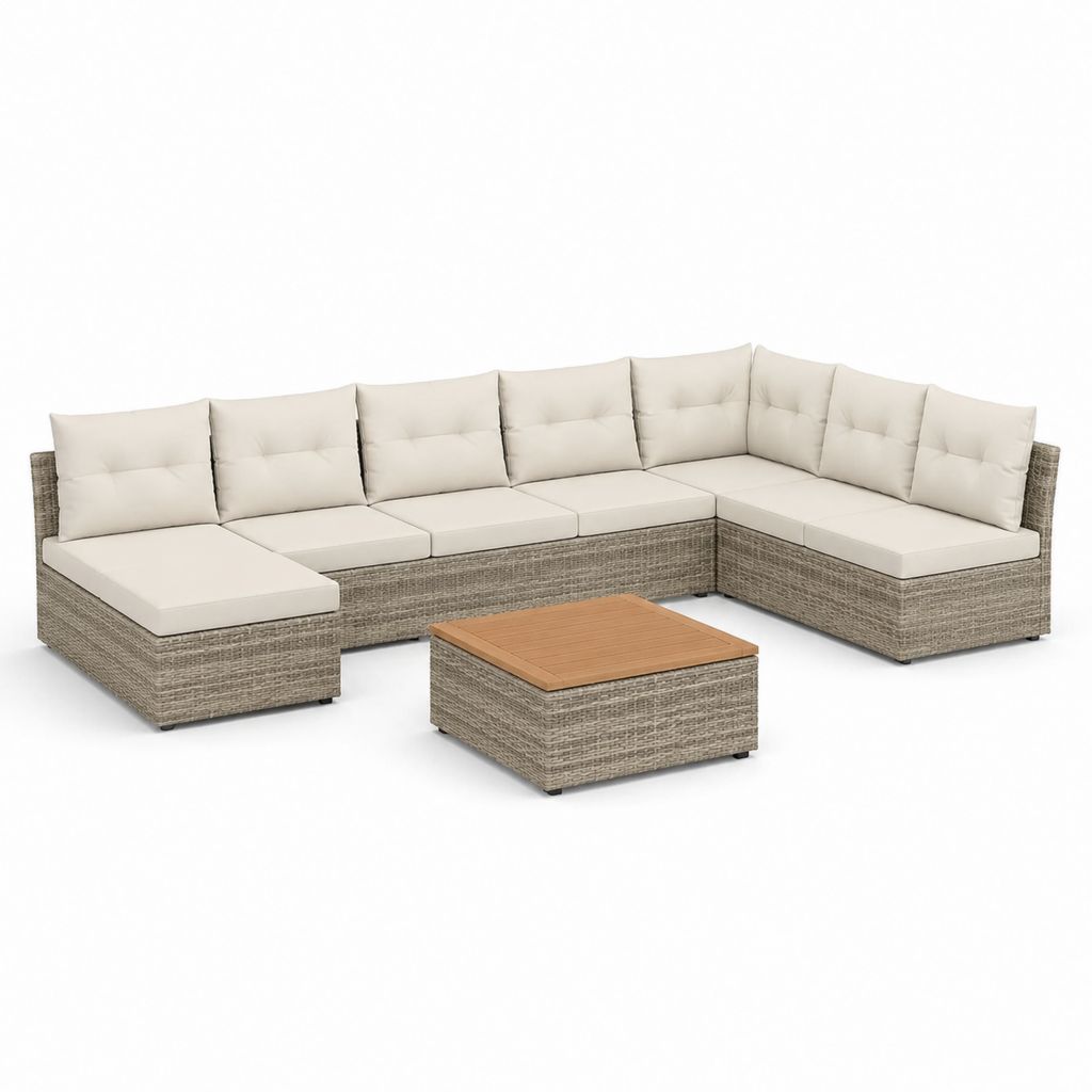 Set divano da giardino angolare 7 pezzi grigio tortora in rattan PE con cuscini beige e tavolino 300 x 220 cm