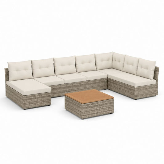 Set divano da giardino angolare 7 pezzi grigio tortora in rattan PE con cuscini beige e tavolino 300 x 220 cm