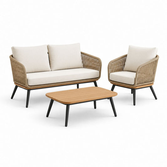Set salotto da giardino 3 pezzi beige e naturale in rattan PE e acciaio con divano 2 posti 130 x 70 x 78 cm